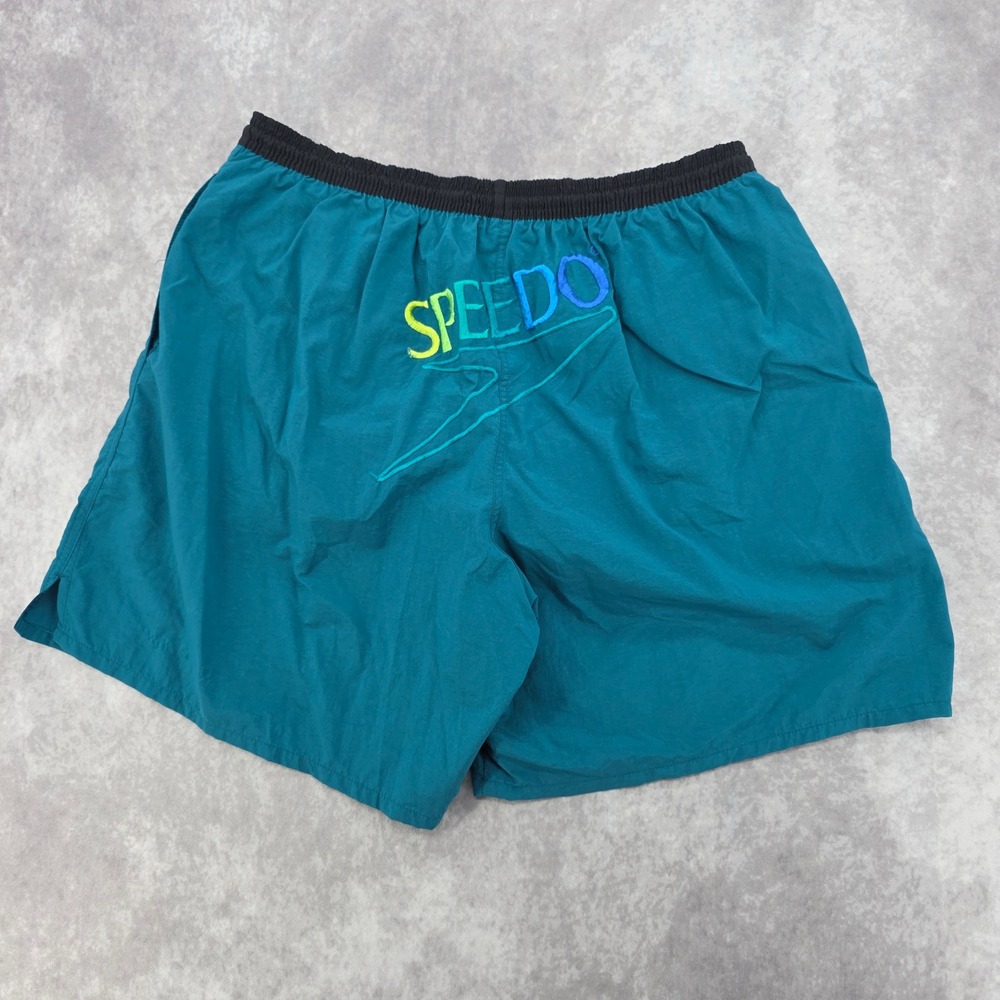 Vintage Speedo Mens XL Swim Trunks Teal Blue Rainbow Logo Nylon Board Shorts 90s